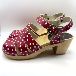 Red & White Polka Dot Wooden Clogs Heels Sandals Peep Toe Leather Womens 8.5 39
